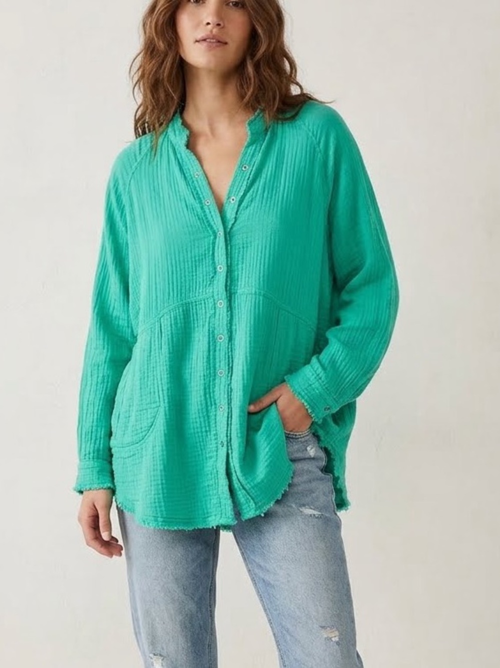 Free People Summer Daydream Buttondown Tunic Shirt Pine Size S